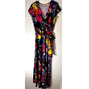 NY&C Black and Floral Long Dress with Sash Belt- L